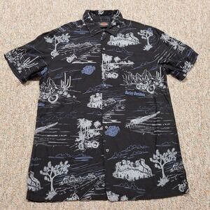 Harley Davidson Shirt Mens Medium Black Hawaiian Rushmore Motorcycle Biker Rider